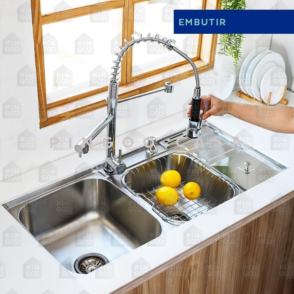 Kit Cuba para Cozinha Pia Dupla Nukini em Aço Inox 201 com Acessórios e Lixeira e Torneira Gourmet Misturador Monocomando Munim em Metal Pingoo.casa na Amazon