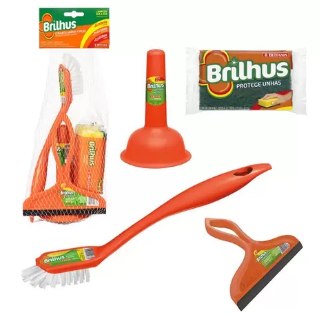 Kit de Limpeza com 4 Peças (Esponja Protege Unhas, Rodo Para Pia, Escova Cantos e Desentupidor Para Pia), Brilhus na Amazon