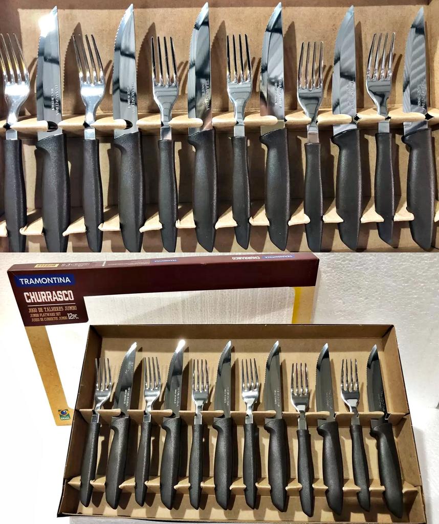 kit de Talheres para churrasco Jumbo Tramontina 12 peças Conjunto de Churrasco natural cabo preto jogo de talheres, Plenus na Amazon