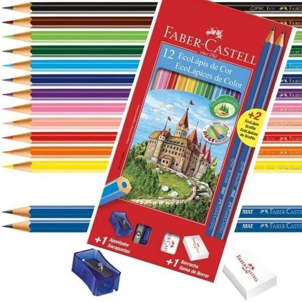 Kit Escolar Lápis de Cor Sextavado + 2 Lápis Max + Apontador + Borracha, Faber-Castell, 12 Cores na Amazon