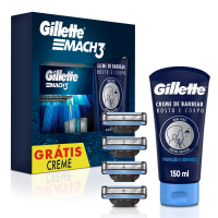 Kit Gillette 4 Cargas De Aparelho Para Barbear Gillette Mach3 Grátis Creme De Barbear Rosto E Corpo 150ml na Pague Menos