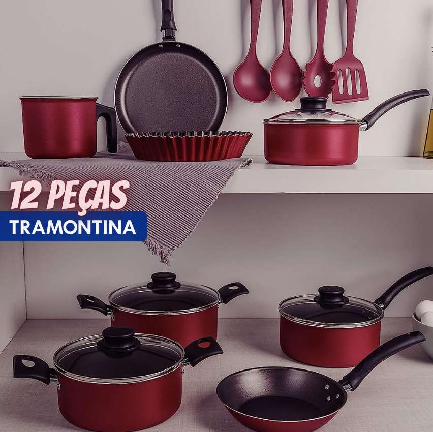 Kit para Cozinha 12 Peças com Jogo de Panelas Vermelho e Utensilios Tramontina Turim na Amazon