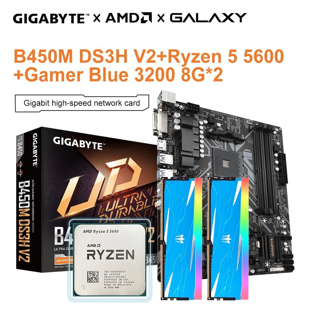 Kit Placa Mãe Gigabyte B450M DS3H V2 + Ryzen 5 5600 + 2x8GB 3200mhz Galaxy RGB na Aliexpress
