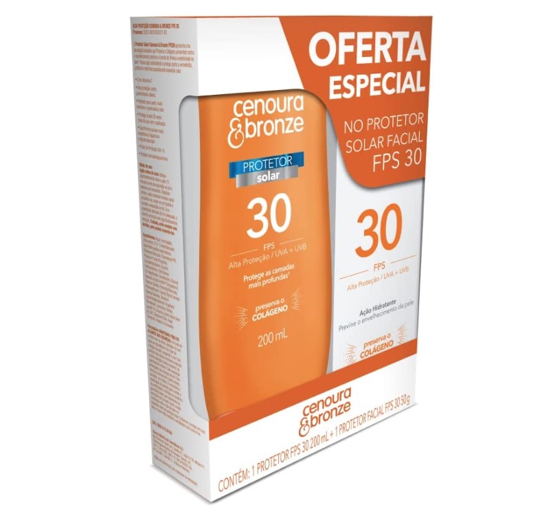 Kit Protetor Solar Cenoura e Bronze Corpo FPS 30 200ml + Facial FPS 30 50g, Cor: Branco na Amazon