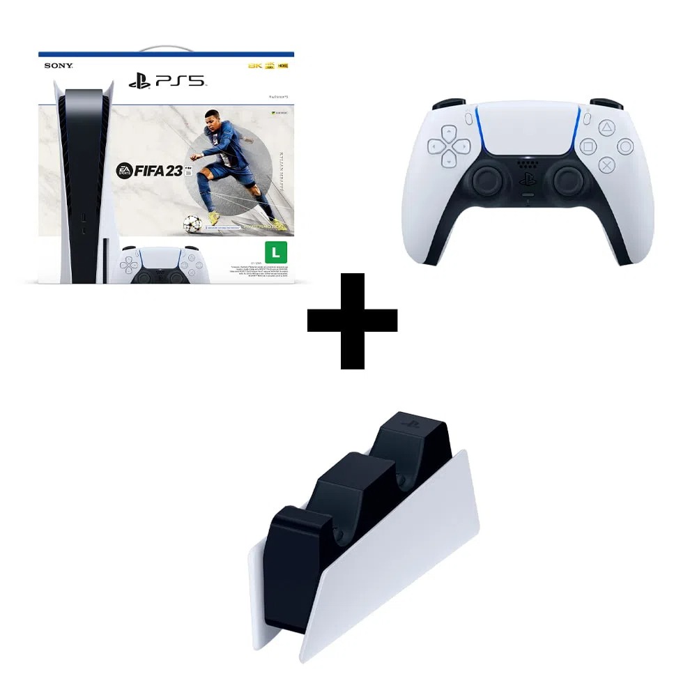 Kit PS5 Físico FIFA 23+ Dualsense Branco + Base Carregamento na Webfones