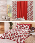 Kit Quarto Cobre Leito Colcha Casal Padrão Tecido Estampado + Cortina 2,00m Floral Vermelho na Amazon