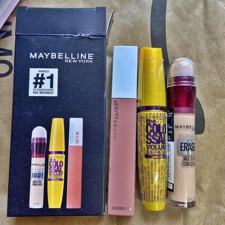 Kit Queridinhos Maybelline NY Batom Líquido Matte ink 65 Seductress + Máscara de Cílios Colossal Lavável + Corretivo Eraser 130 Medium na Amazon