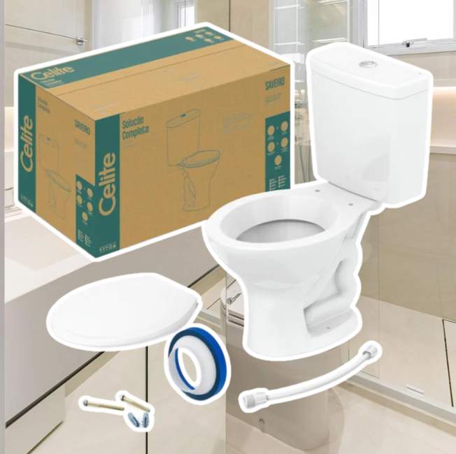 Kit Vaso Sanitário com Caixa Acoplada e Assento Saveiro Celite Branco Brilhante na MadeiraMadeira