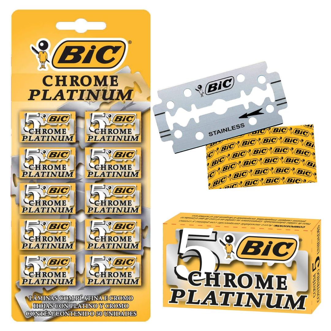 Lâmina de Barbear BIC Chrome Platinum, 835384, Kit com 10 blisters de 5 unidades, Revestida de Cromo e Platina, BIC na Amazon