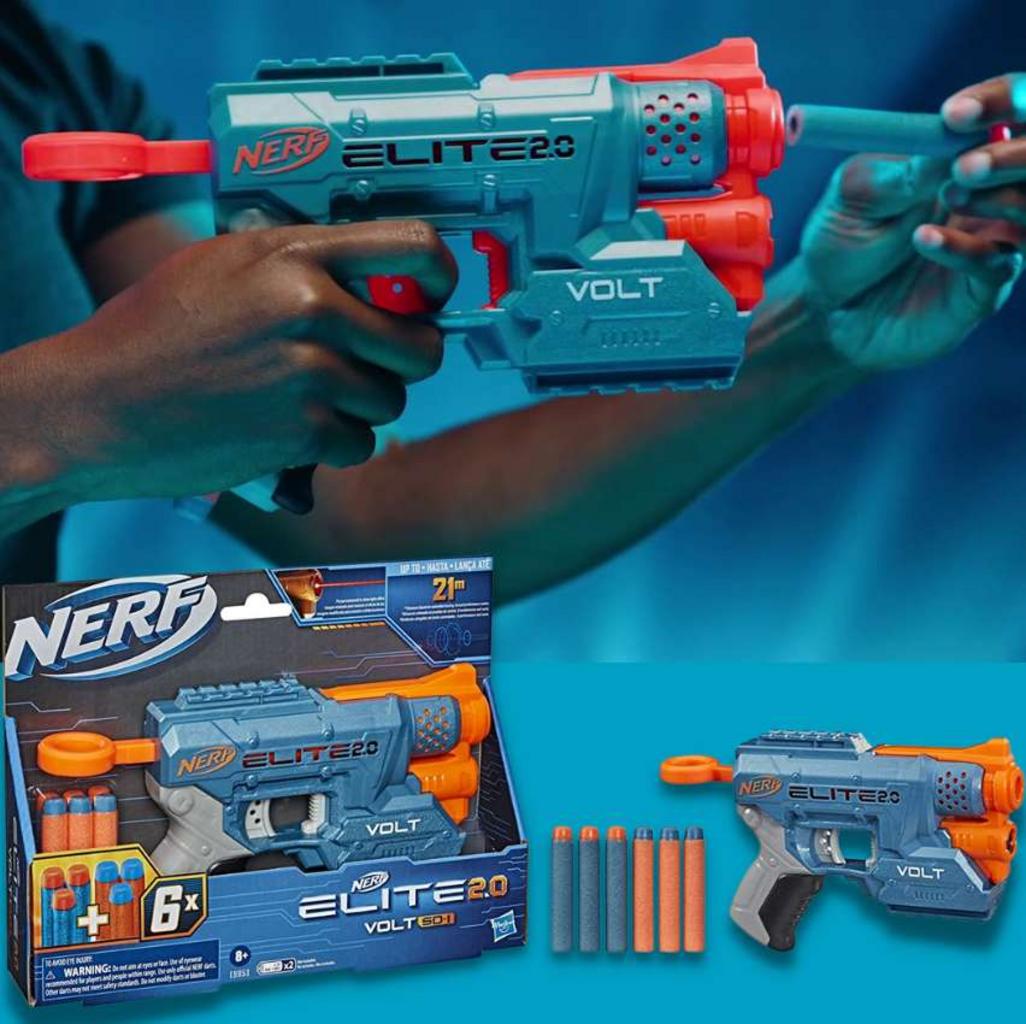 Lança Dardos Nerf Elite 2.0 Volt SD-1, com 6 Dardos Oficiais e Mira Luminosa – E9953 – Hasbro, azul e laranja na Amazon