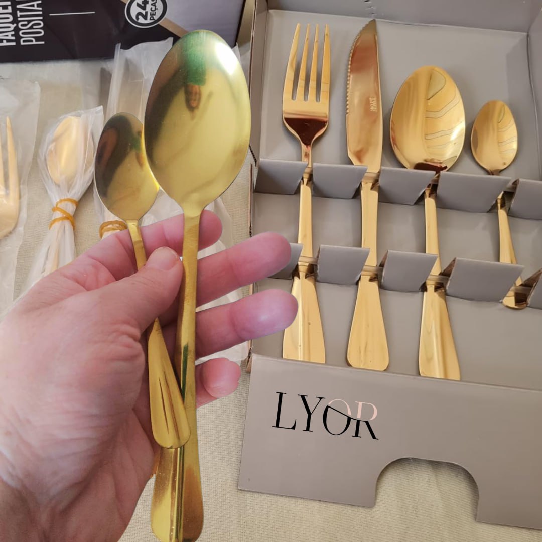 LYOR Faqueiro de Aço Inox Positano Dourado 24 Peças – Jogos de Talheres – Mesa Posta – Utensílios de Cozinha, Enxoval, Casamento, Decoração na Amazon