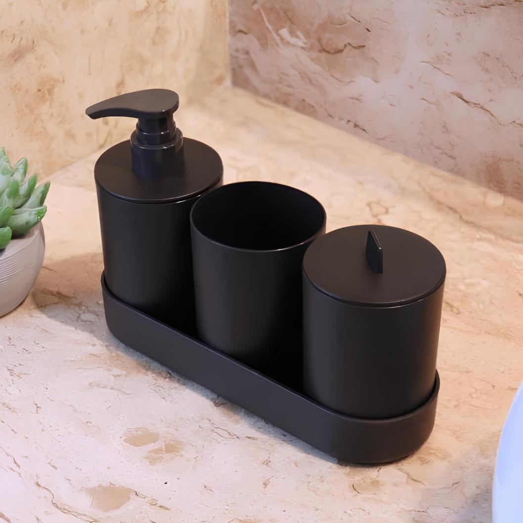 LYOR – Conjunto 4 Peças de Bambu e PP para Banheiro Preto – Porta-sabonete líquido, Porta-escova de dentes, Saboneteira, Porta Algodão na Amazon