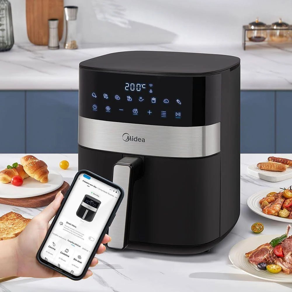 Midea Air Fryer Fritadeira 6L, 9 Menus Predefinidos, Tela de Toque LED, Desligamento Automático, Função IOT, 90% Menos Gordura, cesta Antiaderente e Prato Mais Crocante na Amazon