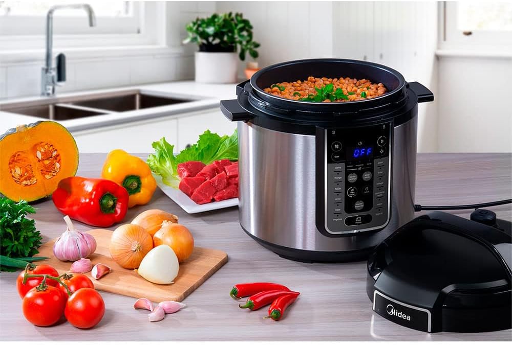 Midea Panela de Pressão Elétrica 6L com 12 receitas pré-programadas, 3 níveis de pressão e display digital, silenciosa e segura com 10 recursos de segurança, 127V na Amazon