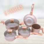 Mimo Style Conjunto 5 Panelas Sartin Cook Estrutura em Alumínio Revestida em Cerâmica, Base Alto Relevo. Tampa Vidro Temperado Alças e Cabos Soft-Touch. Fogão a Gás, Elétrico e Vitrocerâmico (Champanhe) na Amazon