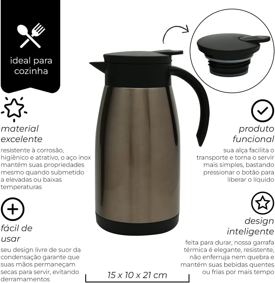 Mimo Style Garrafa Térmica Inox Bronze, Parede Dupla e à Prova de Vazamento, Com Capacidade Para 1 Litro, Perfeita Para Bebidas Quentes e Frias, Corpo de Material Inox e Tampa em Silicone na Amazon