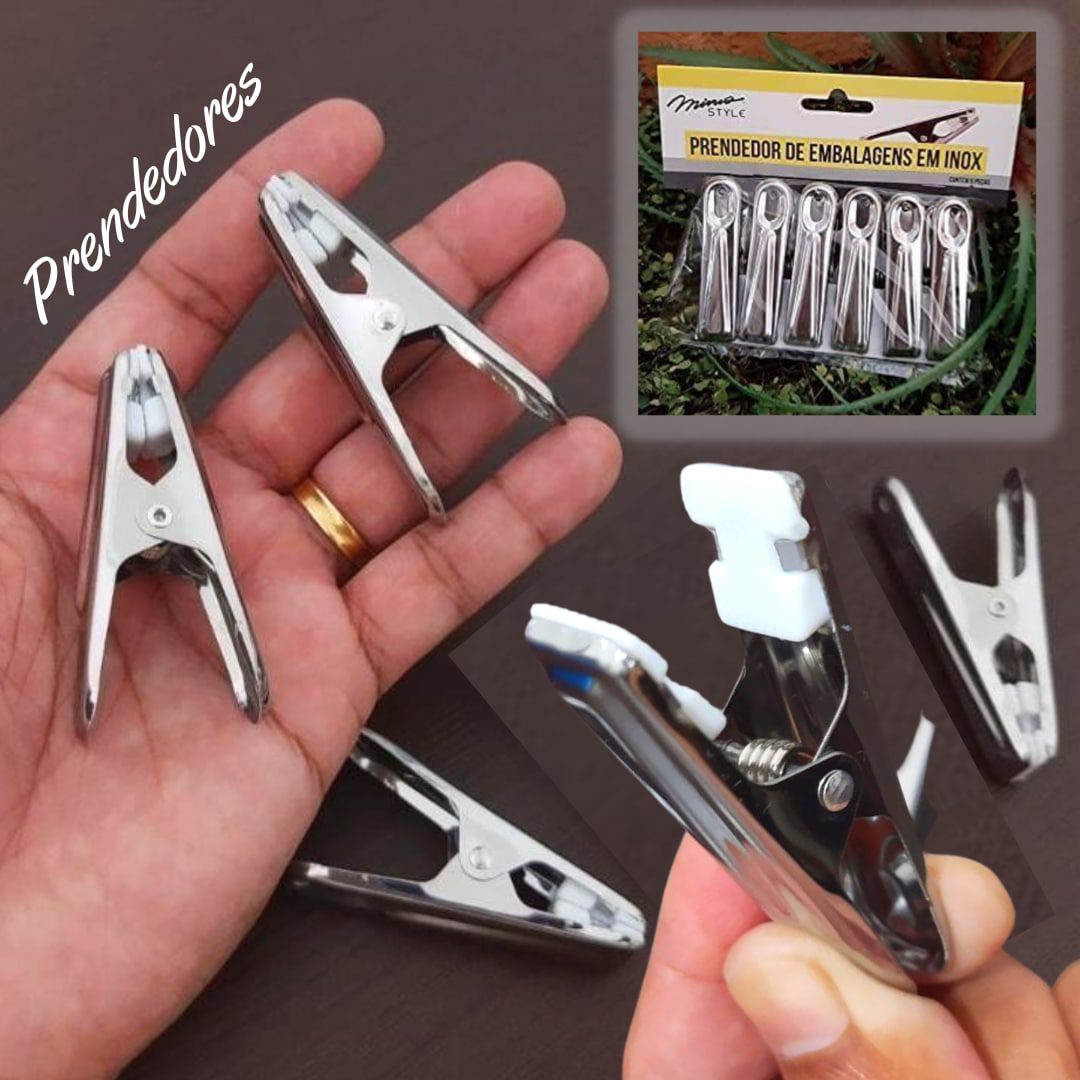 Mimo Style Jogo de 6 Prendedores de Embalagens em Inox, Mantém os Alimentos Frescos Por Mais Tempo, Impede a Entrada de Ar, Pode Ser Usado Também Em Lavanderias, Produto Leve e Fácil de Transportar na Amazon