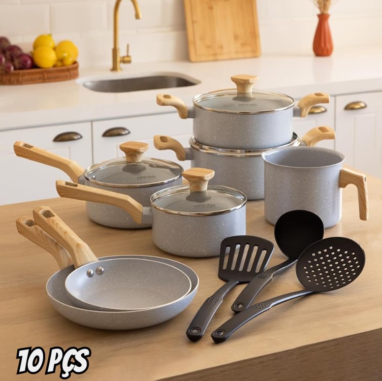 Mimo Style, Jogo de Panelas 10 Peças Indução Antiaderente Preto com Utensilios Cook na Amazon