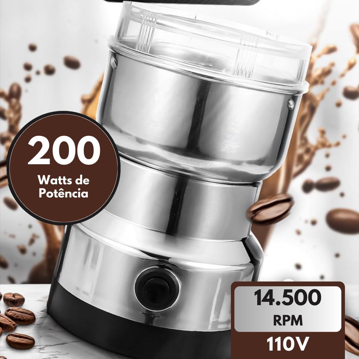 Moedor de Café Elétrico Triturador de Grãos, Temperos, Sementes, Especiarias, Ervas Secas, Raízes, Compacto e Portátil, Lâminas de Inox, Tampa Acrílico, Para Cozinho de Uso Doméstico na Amazon