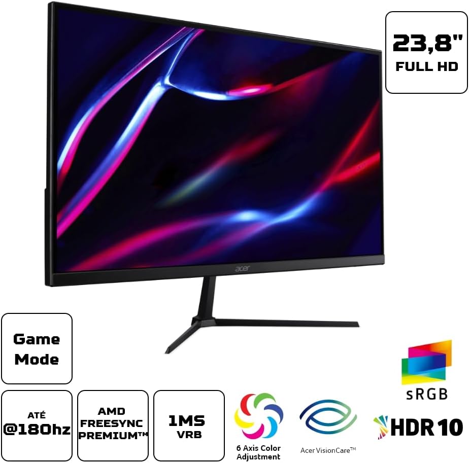 Monitor Gamer Acer Nitro5 QG240Y S3bipx Tela 23.8” resolução Full HD LED VA 180Hz 1Ms Tecnologia AMD FreeSync, HDR10 cor sRGB 95% DisplayPort, HDMI (2.0) e saída de áudio na Amazon