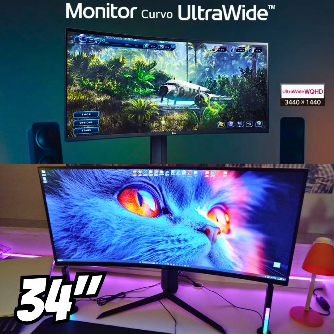 Monitor Gamer LG UltraGear Curvo 34” WQHD UltraWide 3440×1440 160Hz 1ms (MBR) HDR10 AMD FreeSync HDMI 34GP63A-B na LG