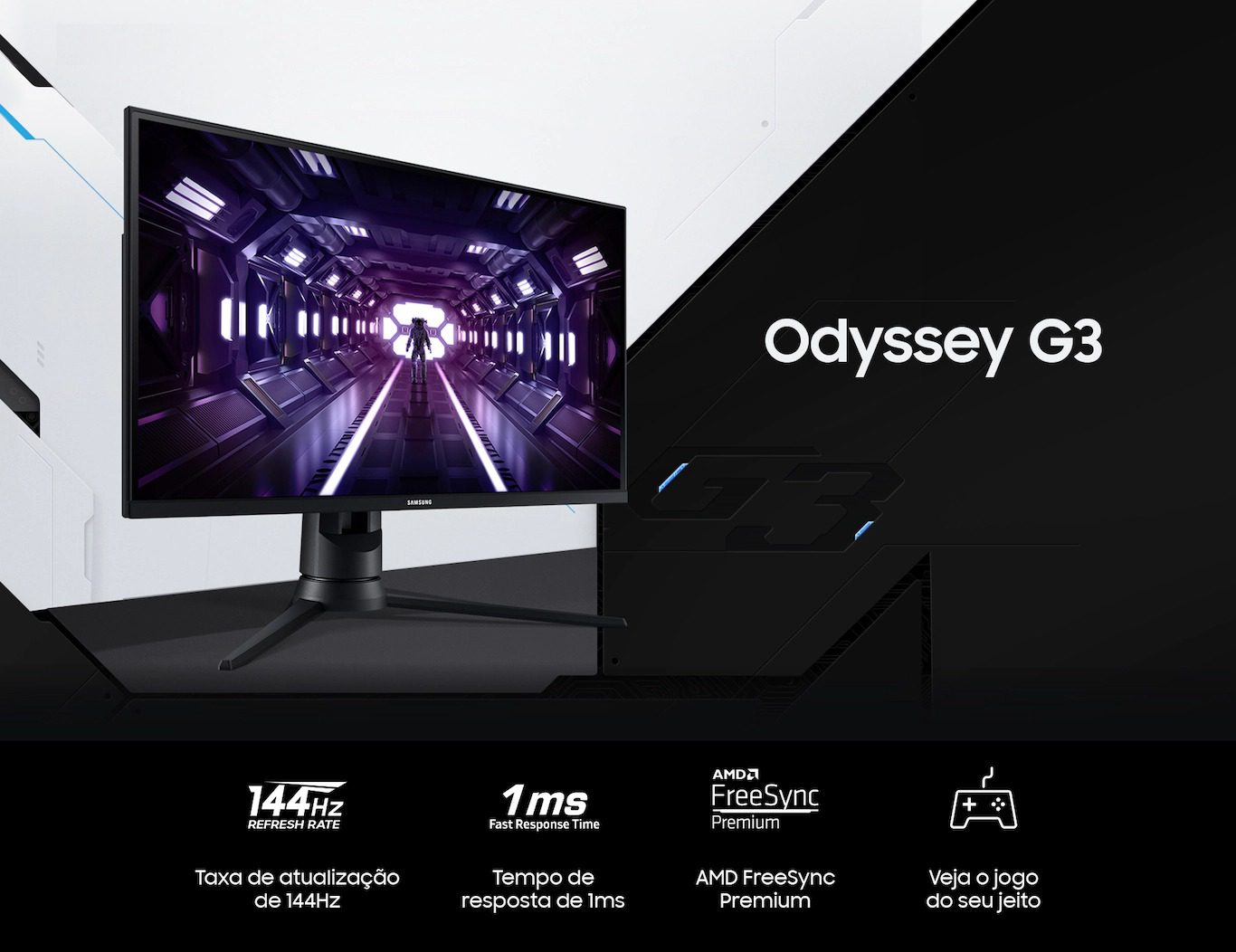 Monitor Gamer Samsung Odyssey G3, 24 Full HD, 144Hz, 1ms, FreeSync Premium, HDMI/Displayport, Ajuste de altura, Preto – LF24G35TFWLXZD na Magazine Luiza