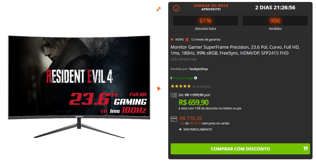 Monitor Gamer SuperFrame Precision, 23.6 Pol, Curvo, Full HD, 1ms, 180Hz, 99% sRGB, FreeSync, HDMI/DP, SFP2415 FHD na Terabyte Shop