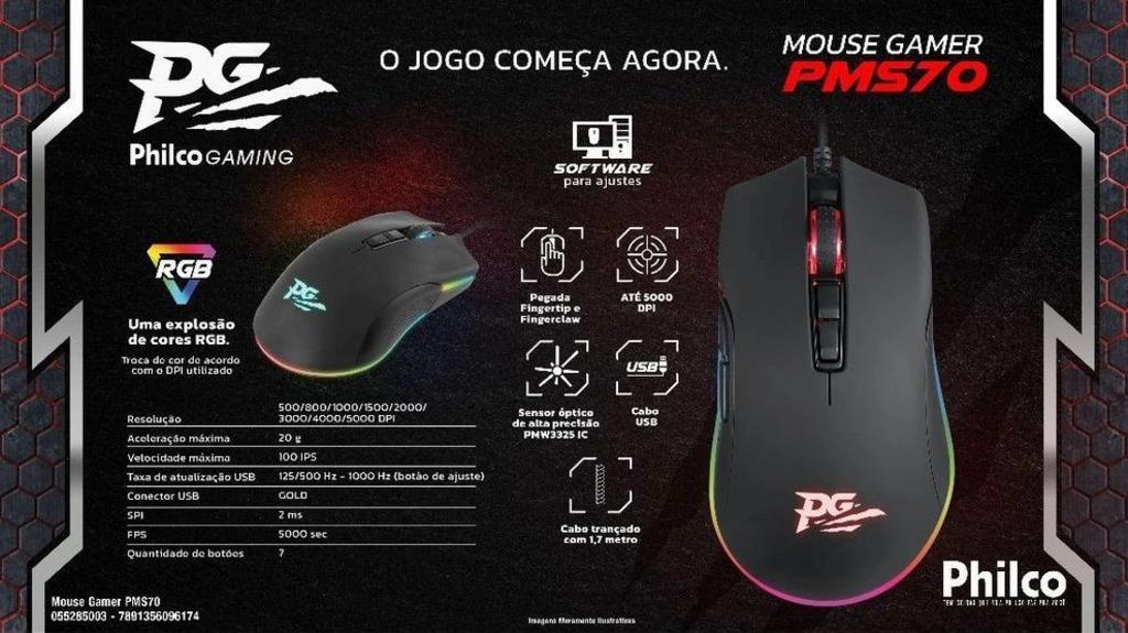 Mouse Gamer Philco Pms70 7 Botões Iluminação Rgb 5000 Dpi na Americanas