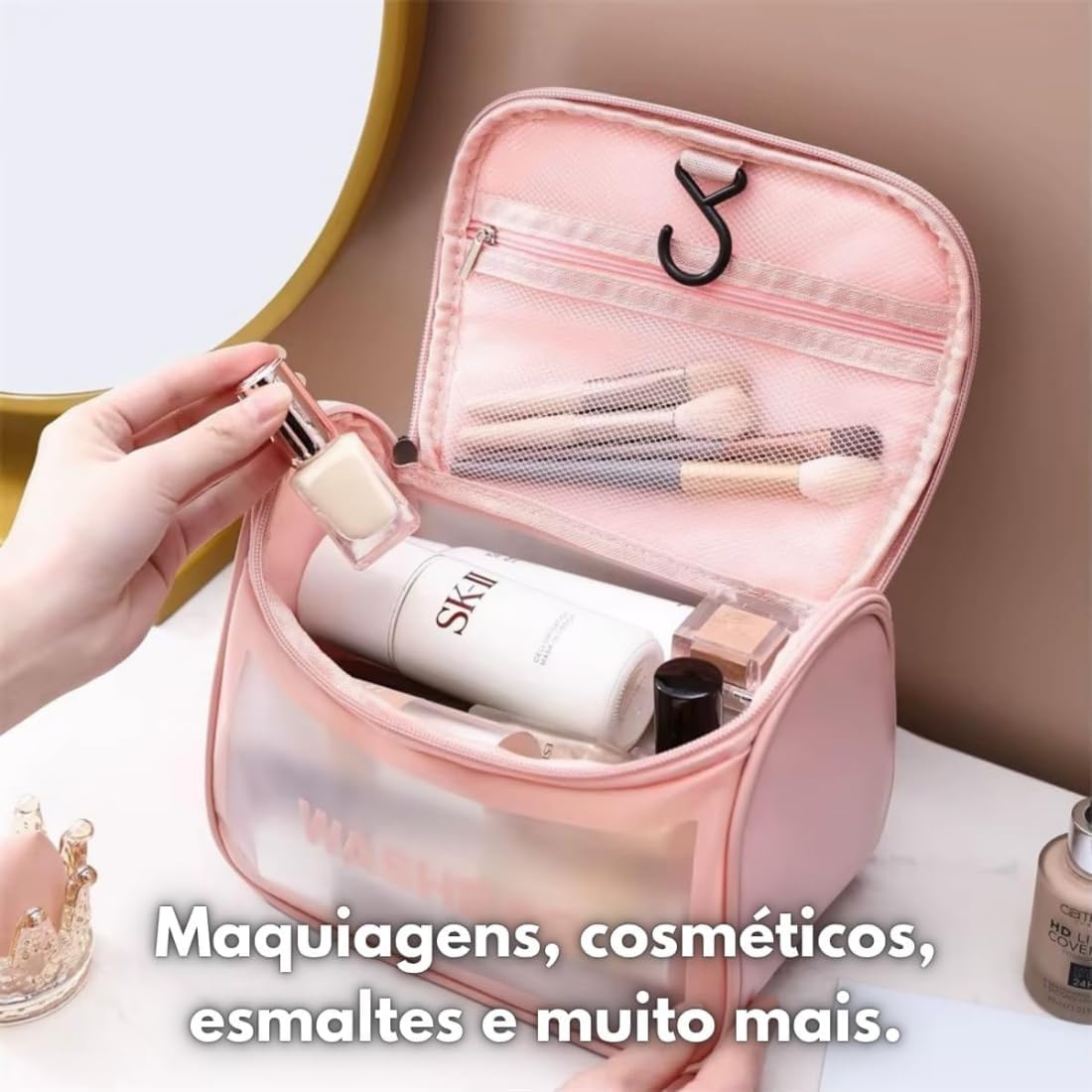 Necessaire Transparente Viagem Bolsa Ideal para Cosméticos Maquiagem Higiene Pessoal Fechamento com Zíper Fácil Acesso Design Moderno Funcional Impermeável (Rosa) na Amazon