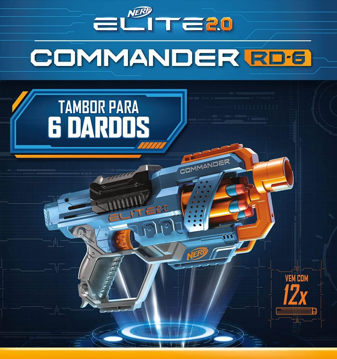 NERF Elite 2.0 Commander RD-6, lançador em plástico Azul e Laranja com 12 dardos, brinquedo para meninos e meninas acima de 8 anos na Amazon