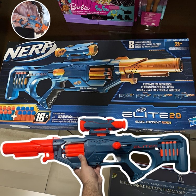 NERF ELITE 2.0 EAGLEPOINT RD 8 – Lançador Elite com Mira Removível lança dardos plástico azul e laranja com 16 dardos na Amazon