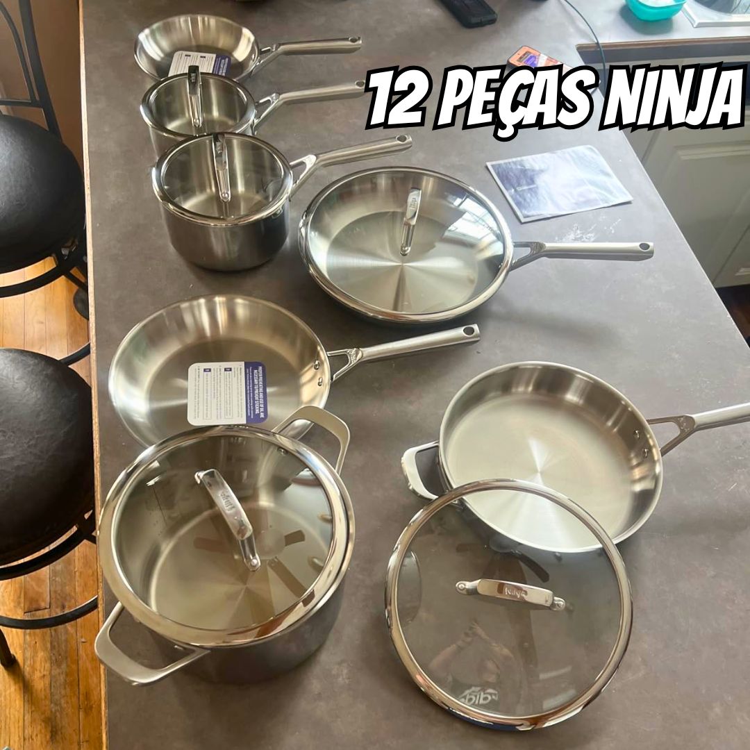 Ninja C99012 EverClad Commercial-Grade Stainless Steel Cookware Set, Tri-Ply Pots And Pans, Oven Safe to 600°F, PFAS Safe, All Stovetops & Induction Compatible, Stainless, 10.25″, 12-Piece na Amazon