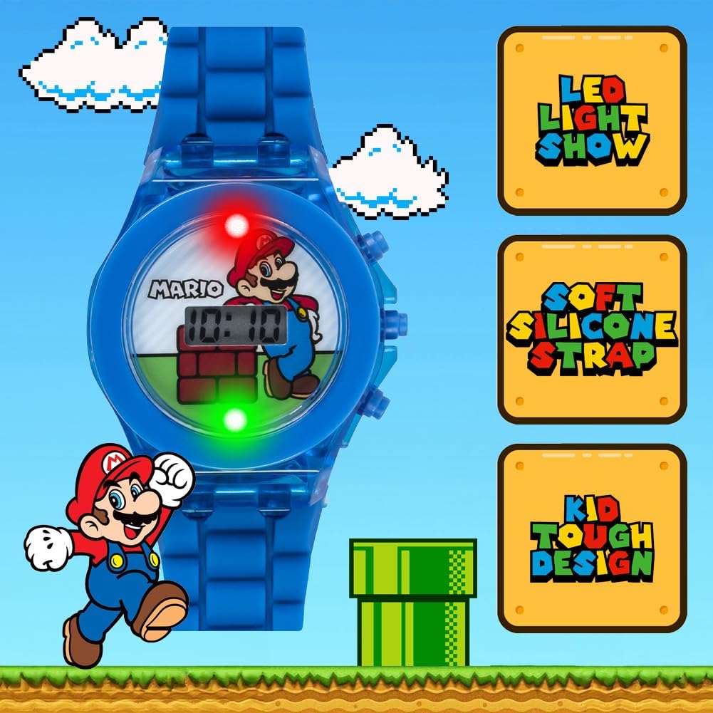 Nintendo Relógio infantil digital de quartzo Accutime Super Mario para meninos – mostrador LCD de 17 mm, luzes LED piscando, pulseira de plástico de silicone azul, Azul, Relógio de quartzo na Amazon