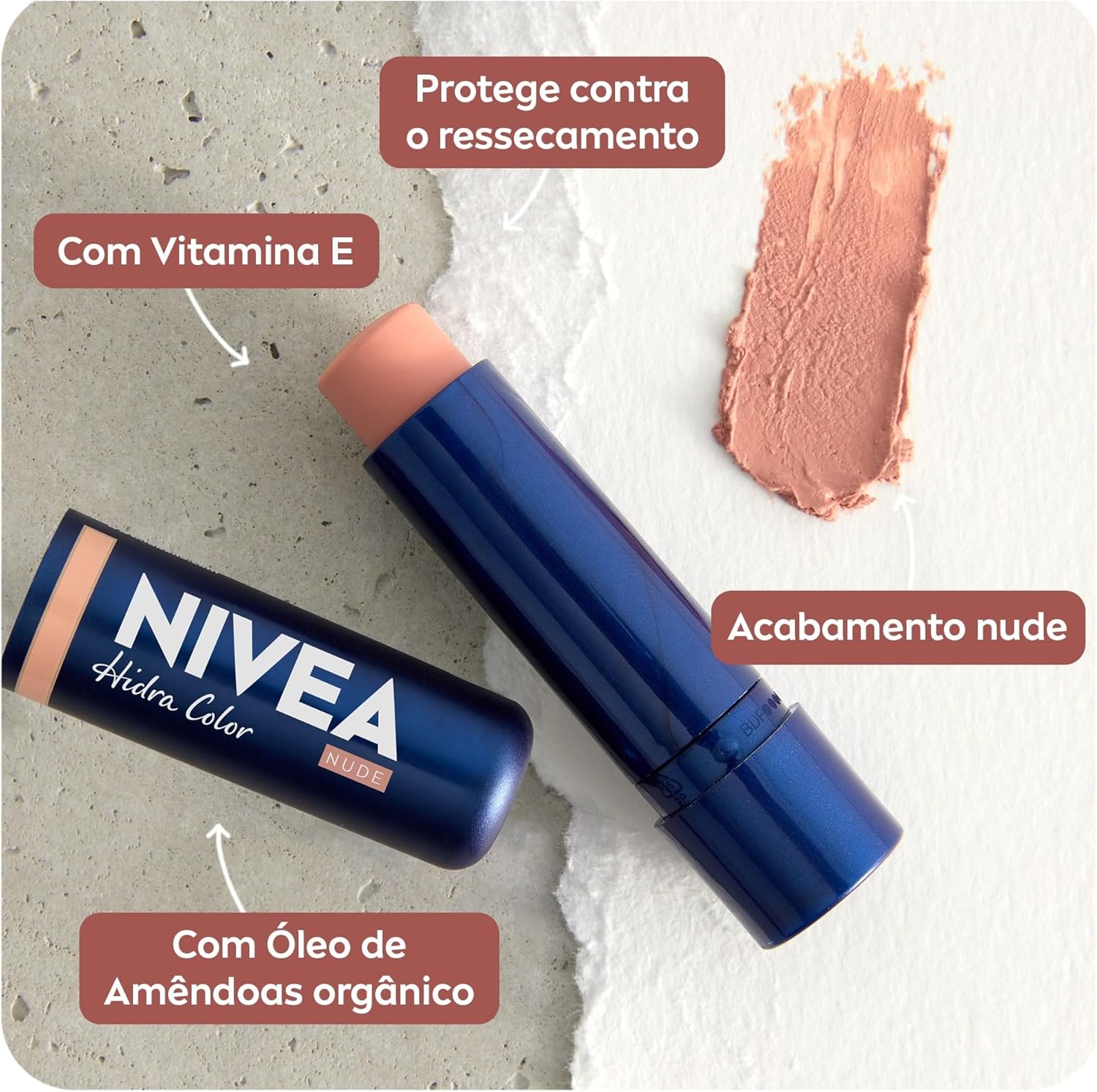 NIVEA Hidratante Labial Hidra Color 2 em 1 Nude 4,8g – Combina cor suave e hidratação enriquecida com Manteiga de Karité, Óleo de Amêndoas orgânico e Vitamina E, que protegem os lábios na Amazon