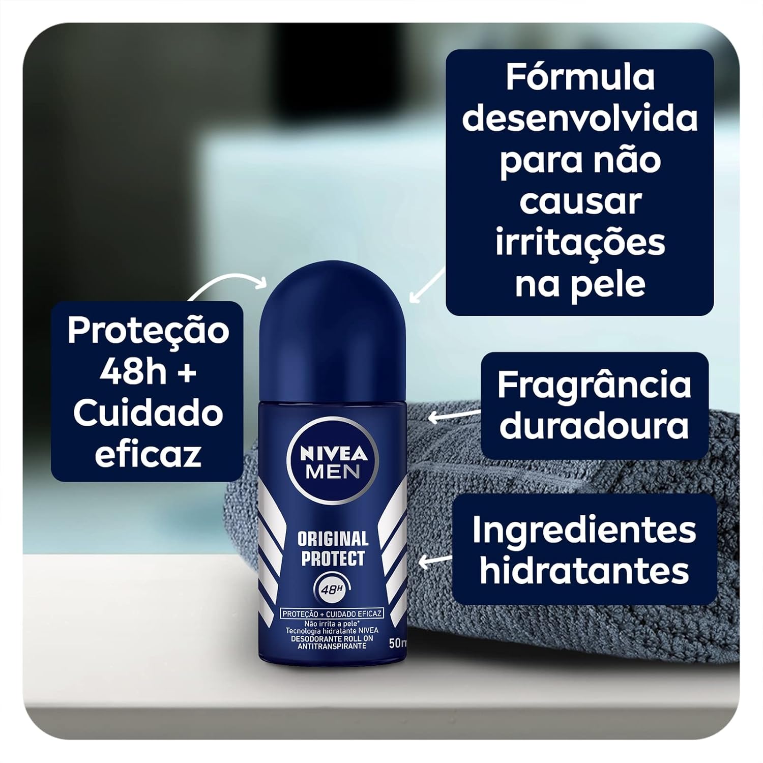 NIVEA MEN Desodorante Antitranspirante Roll On Masculino Original Protect – Proteção prolongada de 48h, tecnologia hidratante, ingredientes naturais, não causa irritações, fragrância duradoura – 50ml na Amazon