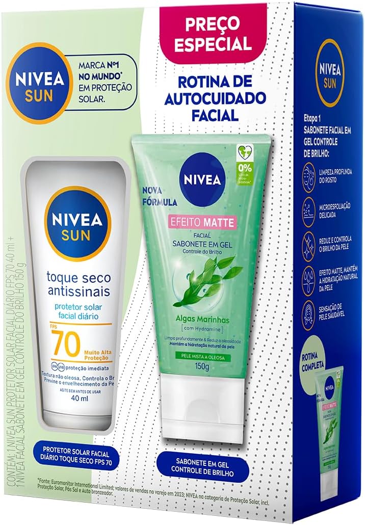 NIVEA PROT SOL FACIAL T.SECO FPS70 40ML + GEL LIMPEZA REFRESC CONTR BRILHO 150GR na Amazon