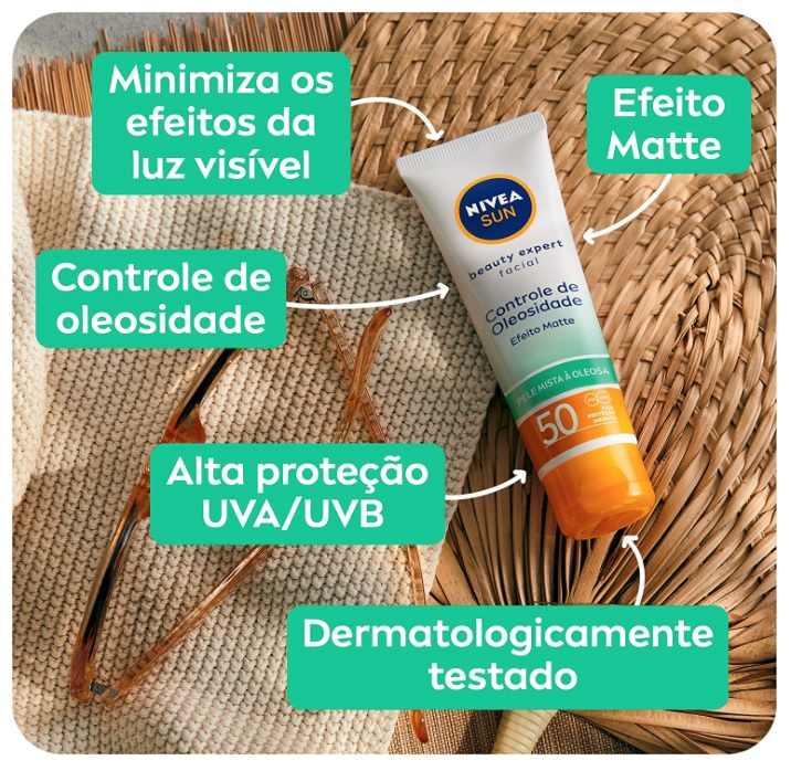 NIVEA SUN Protetor Solar Facial Beauty Expert Pele Oleosa FPS50 50g na Amazon