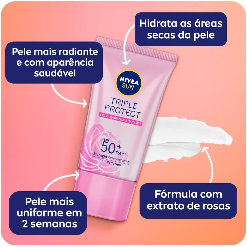 NIVEA SUN Protetor Solar Facial Tripla Proteção Loção Pele Radiante FPS 50 40ml – Com fórmula ultraleve e alta proteção, esse protetor solar tem triplo combate contra os raios UVA/UVB, radicais livres e luz visível, além de proporcionar aparência sa