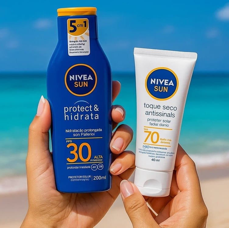 NIVEA SUN Protetor Solar Protect & Hidrata FPS 30 200ml + NIVEA SUN Protetor Solar Facial Toque Seco Antissinais FPS 70 40ml na Amazon
