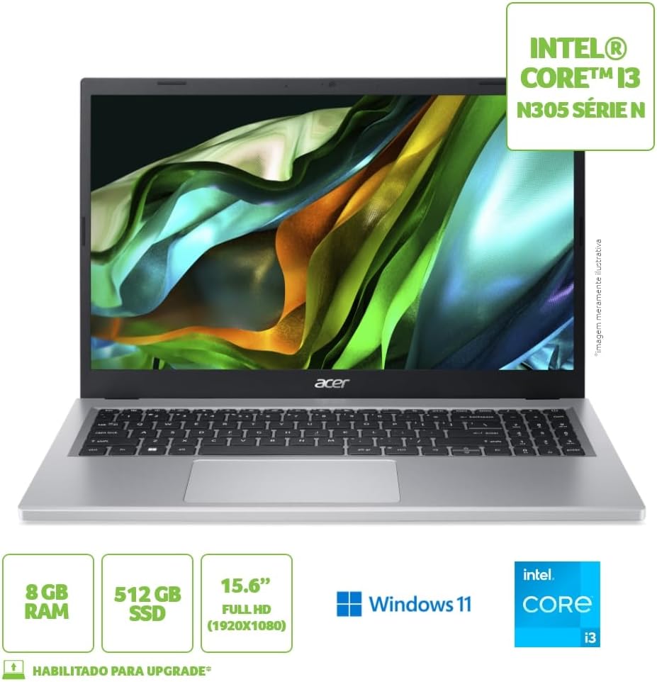 Notebook Acer aspire 3 A315-510P-35D2 Intel core I3 8GB RAM 512GB SSD (UHD) 15.6” LED FULL HD 60Hz Windows 11 na Amazon