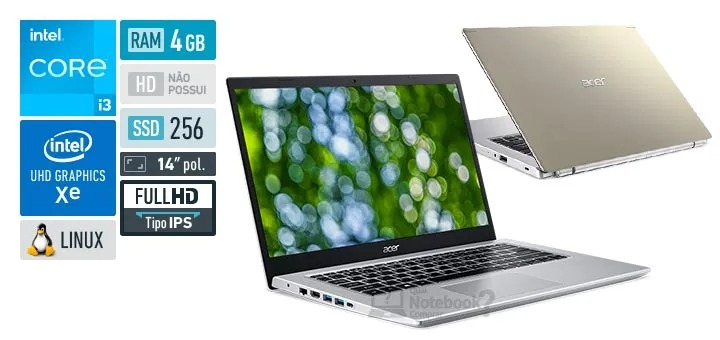 Notebook Acer Aspire 5 A514-54-324N Intel Core i3 11ª Gen Linux Gutta 4GB 256GB SDD 14″ Full HD na Amazon