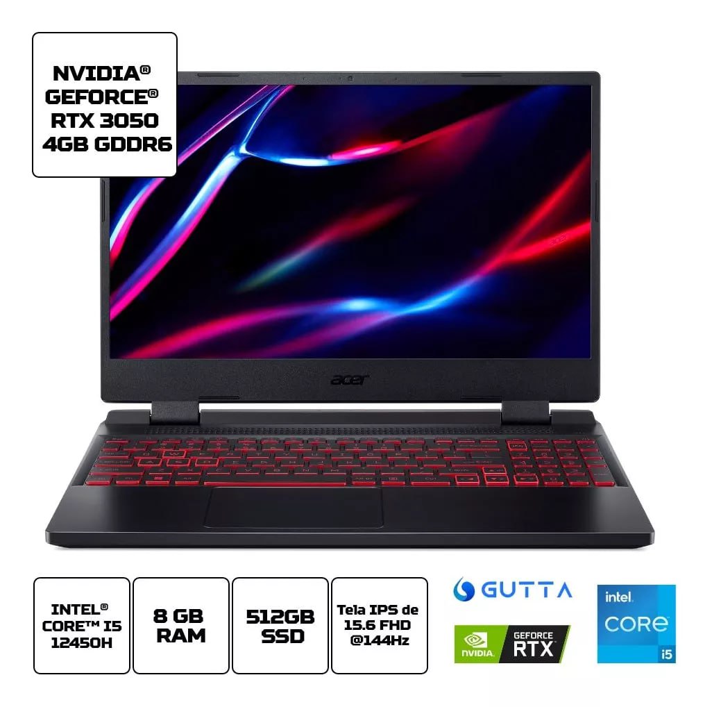Notebook Acer Nitro 5 AN515-58-58W3 Intel Core i5 12ªgen Linux Gutta 8GB 512GB SSD RTX3050 15.6” FHD na Casas Bahia