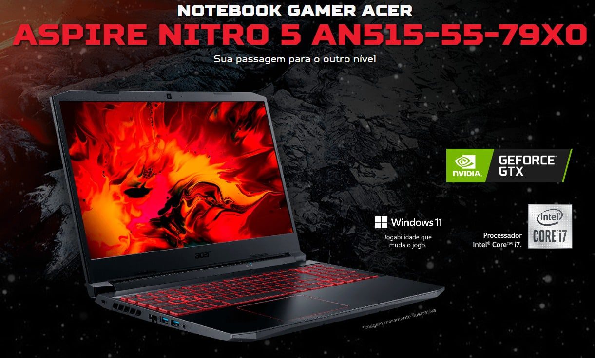 Notebook Acer Nitro 5, Intel Core i7 10750H, 8GB, 512GB SSD, NVIDIA GTX1650, Preto e Vermelho – AN515-55-79X0 na Fastshop