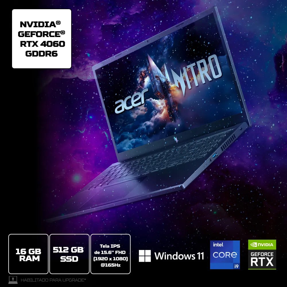 Notebook Acer Nitro V15 ANV15-52-96AQ Intel® Core™ i9-13900H de 13° G 16GB 512GB SSD RTX4060 Windows 11 Home 15.6” na Amazon