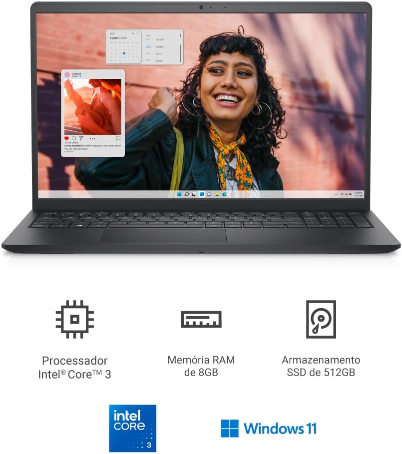 Notebook Dell Inspiron i15-i3100-A15P 15.6″ Full HD Intel Core 3-100U 8GB 512GB SSD Win Home Preto Carbono na Amazon