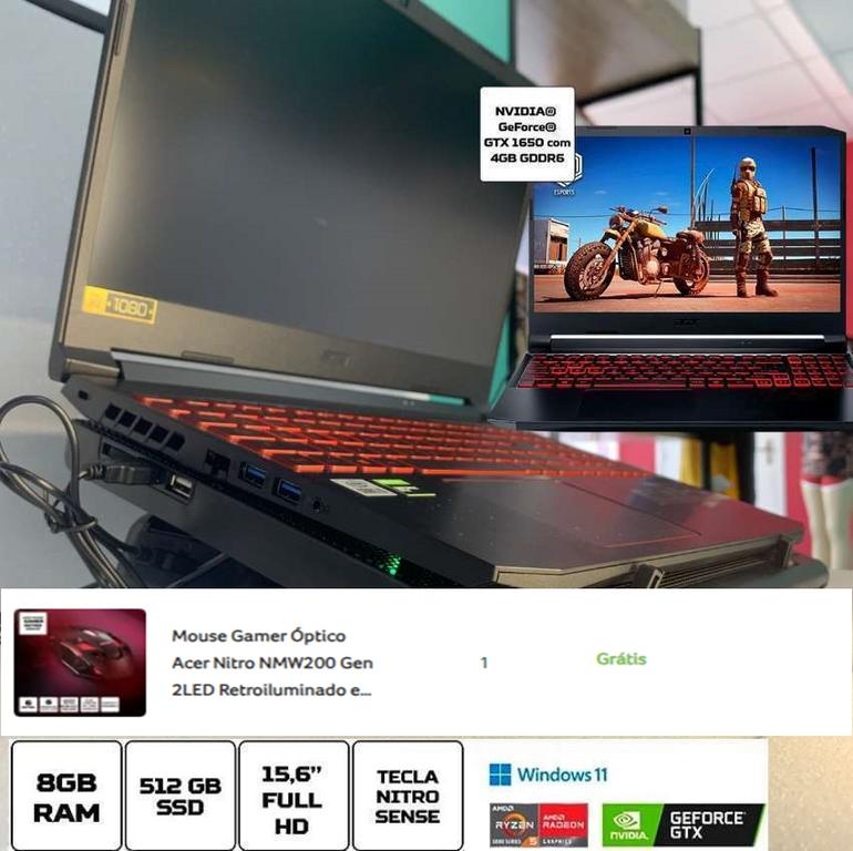 Notebook Gamer Acer Nitro 5 AN515-45-R91A Ryzen 5 Windows 11 Home 8GB 512GB SSD GTX 1650 15.6′ FHD na Acer