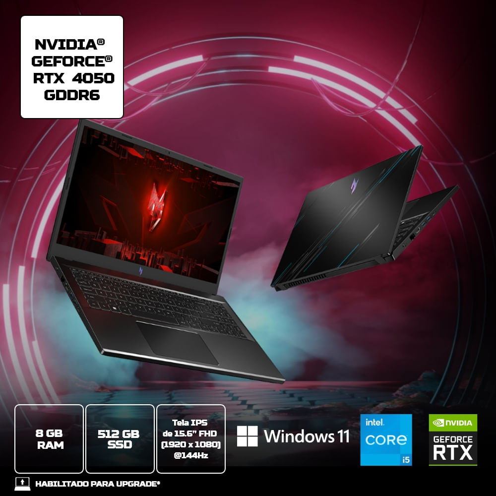 Notebook Gamer Acer Nitro V ANV15-51-54DL Intel Core i5 13ªG 8GB 512GB SSD RTX4050 Win 11 Home 15.6′ Full HD na Acer