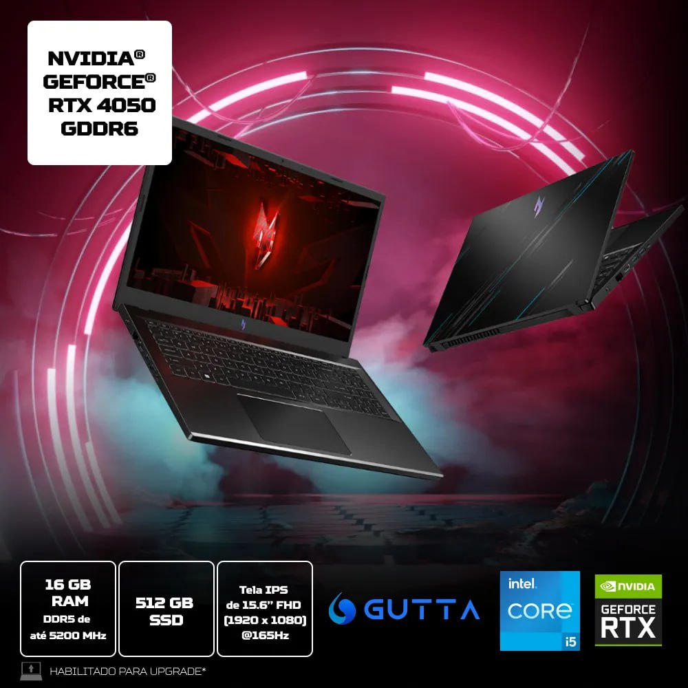 Notebook Gamer Acer Nitro V15 Intel Core i5 512GB SSD 16GB RAM 15.6” Full HD 165Hz IPS NVIDIA RTX 4050 6GB Linux ANV15-52-52XM na Amazon