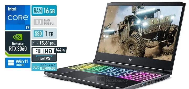 Notebook Gamer Predator Helios 300 PH315-54-71A2 i7 Windows 11 Home 16GB 1TB SSD RTX 3060 15,6′ na Acer