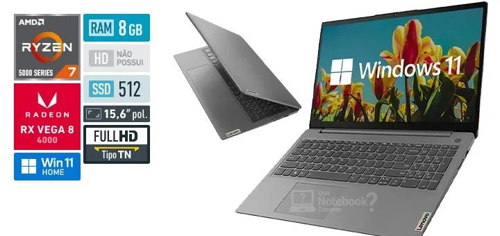 Notebook Lenovo Ultrafino IdeaPad 3 R7-5700U 8GB 512GB SSD Windows 11 15.6″ 82MF0008BR Cinza na Magazine Luiza